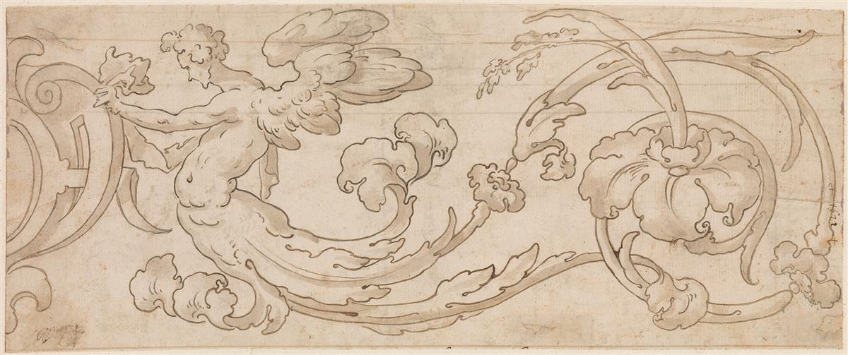 FLORENTINE SCHOOL, 17TH CENTURY Design for a Floral Ornament with a Winged Figure.